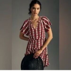 Anthropologie Red and White Printed V-Neck Tunic